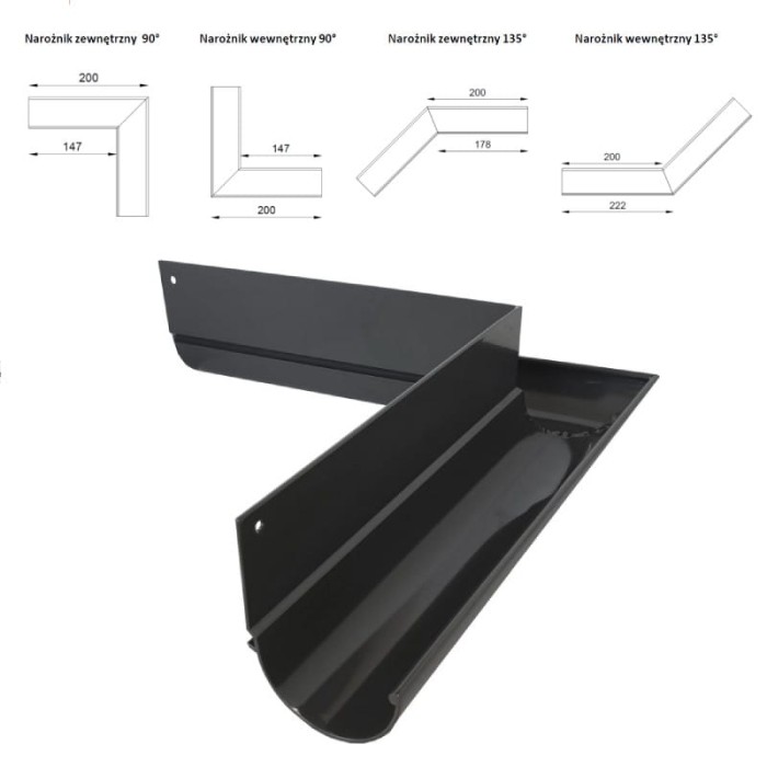 Narożniki do rynny R50 Renoplast - rodzaje kątów