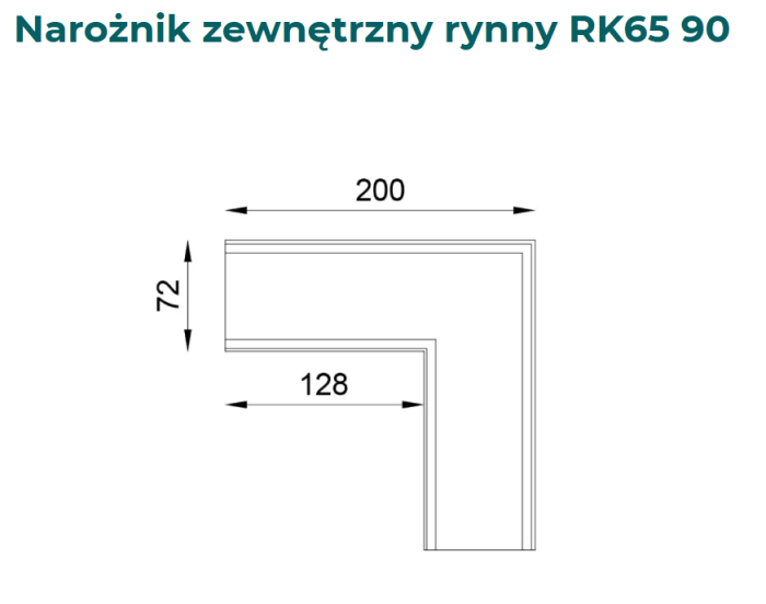 Narożnik zewnętrzny 90 stopni do rynny RK65- Wymiary