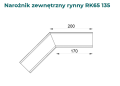 Narożnik zewnętrzny 135 stopni do rynny RK65- Wymiary