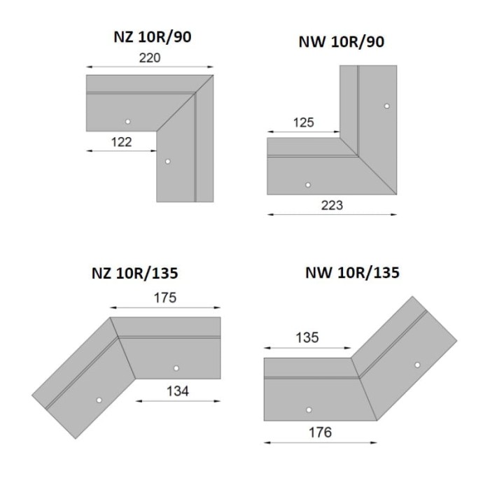 Wymiary narożników do systemu okapowego Renoplast K10R