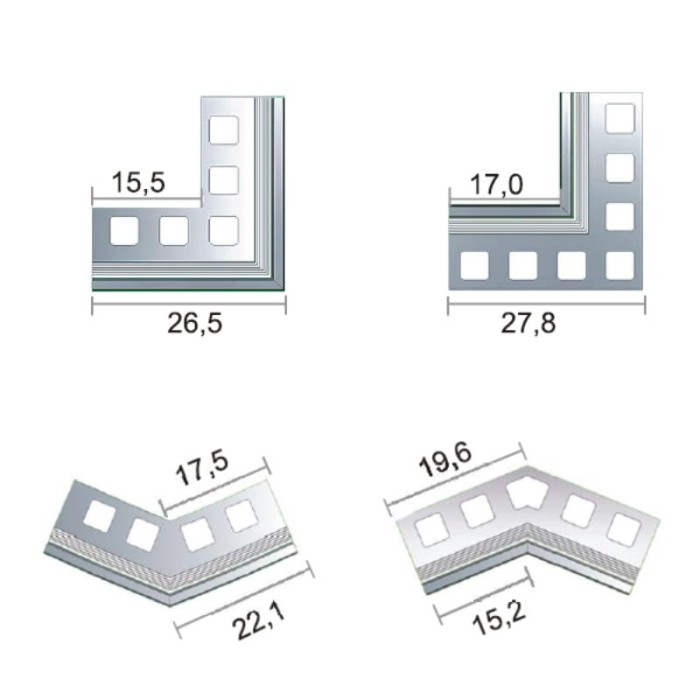 Wymiary narożników do profili okapowych K40 Renoplast