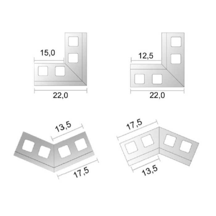Wymiary narożników do systemu okapowego Renoplast K100