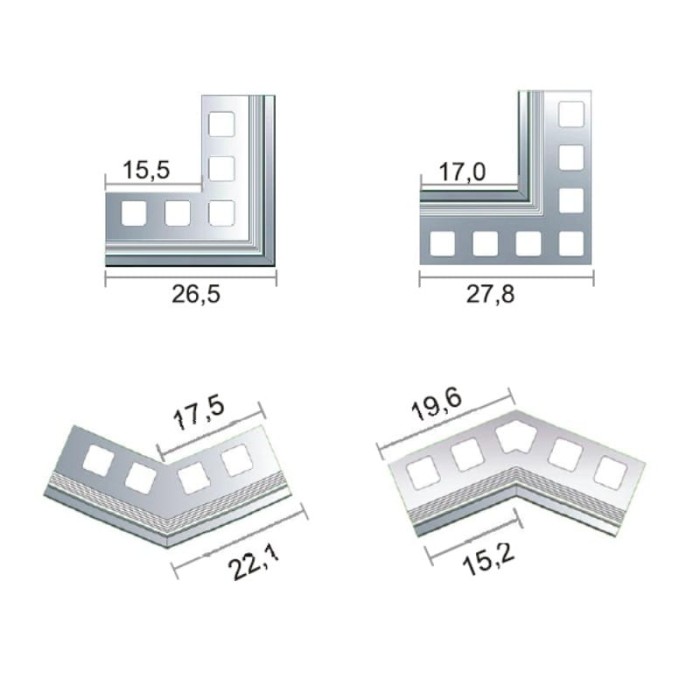 Wymiary narożników do systemu okapowego Renoplast K30